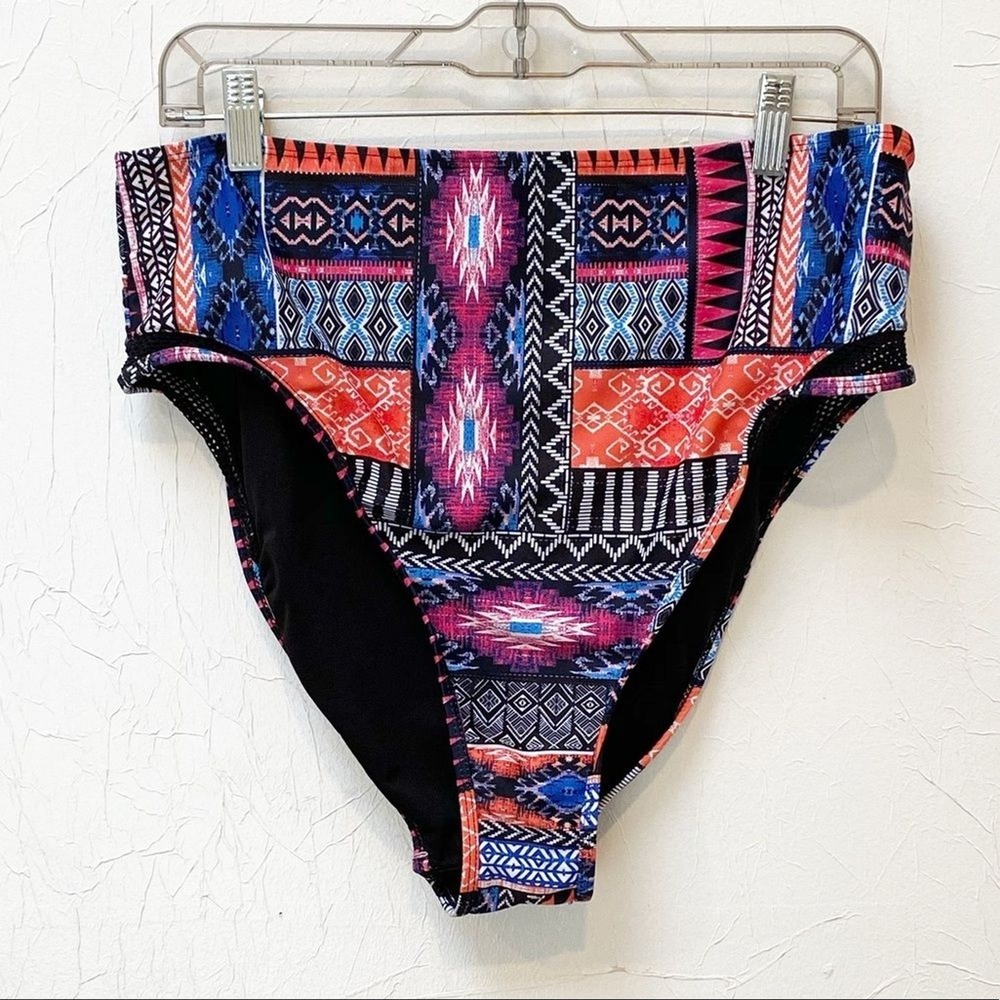 YMI Women's Plus Size 1X High Rise Swim Bikini Bottom Aztec Southwestern Print‎